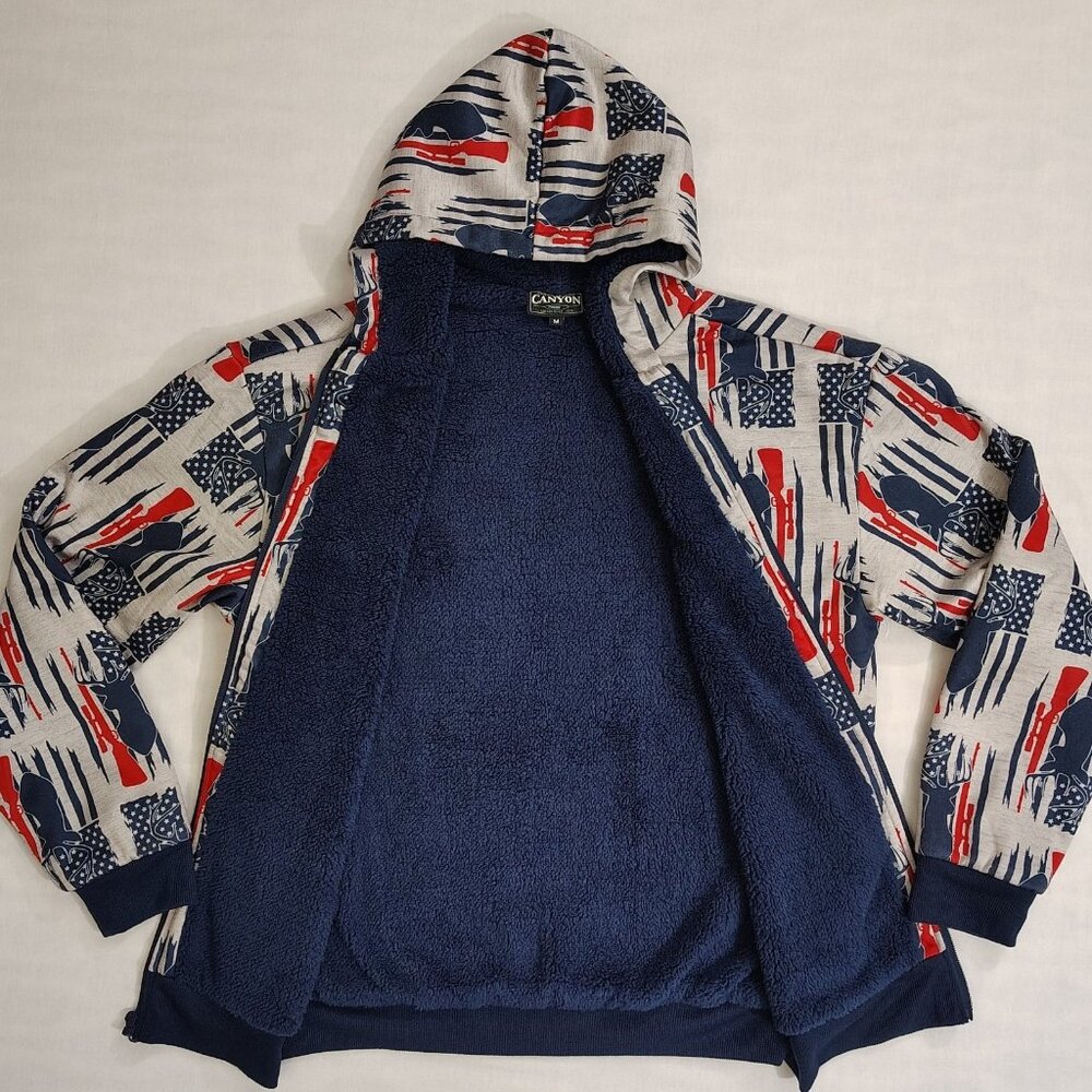 Canyon Creek Hooded Sweatshirt Sz Medium Deer Huning American Flag Sherpa Lining - Picture 3 of 16